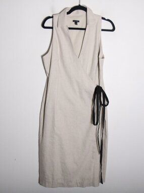 Ann Taylor Linen Sleeveless Wrap Dress Large Pearl Shadow Beige Knee Length
